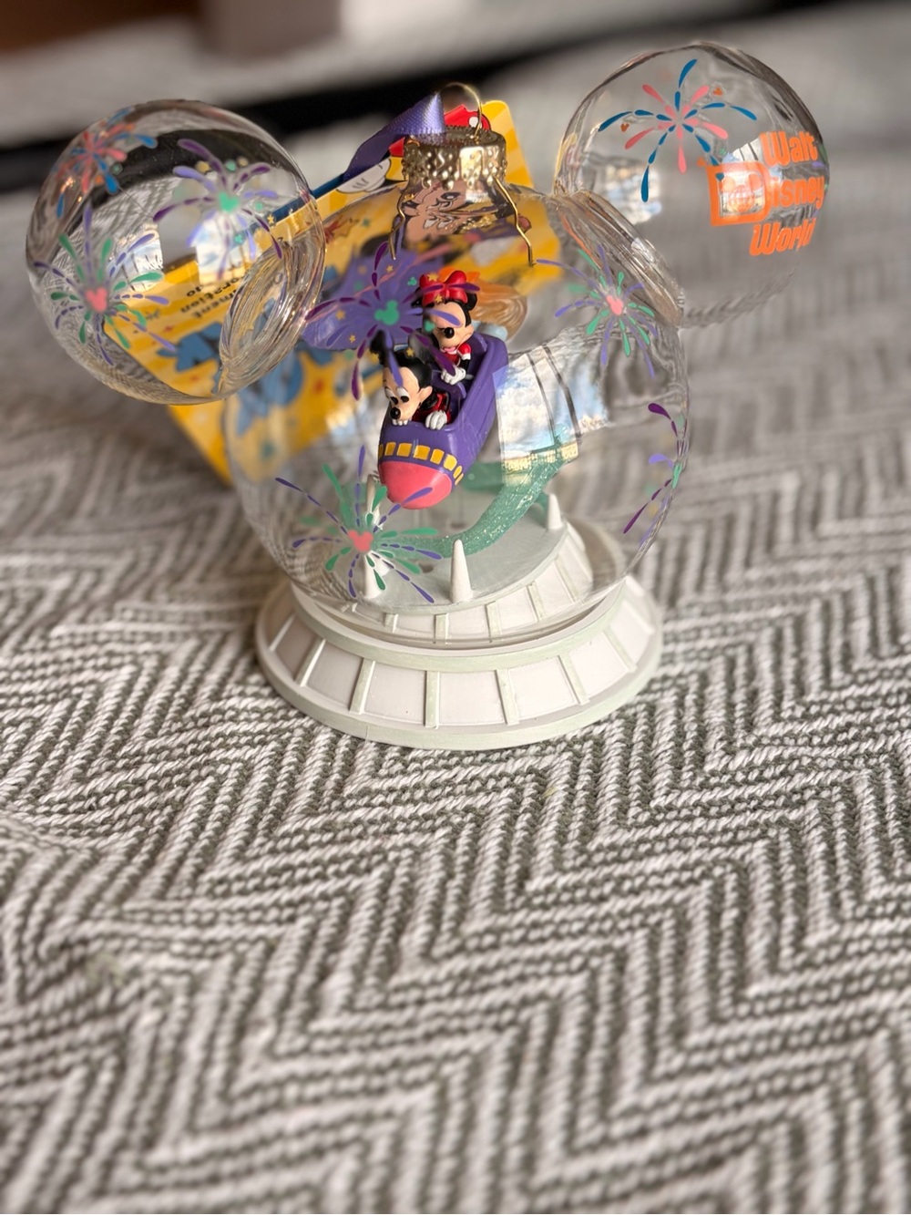 Disney Clear Mickey Globe Ornament with Purple and Pink Ride Detail